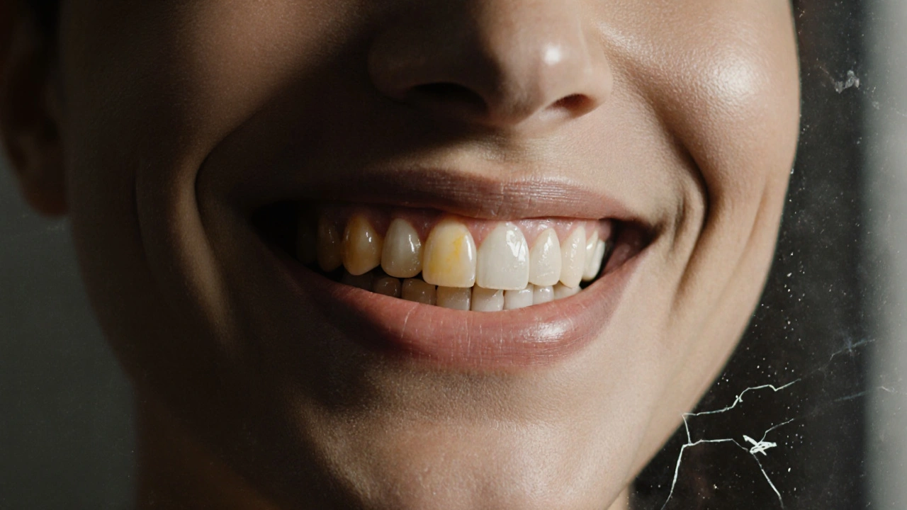 Člověk se dívá do zrcadla, jedna polovina úsměvu je přirozeně žlutá, druhá příliš bílá s poškozením.