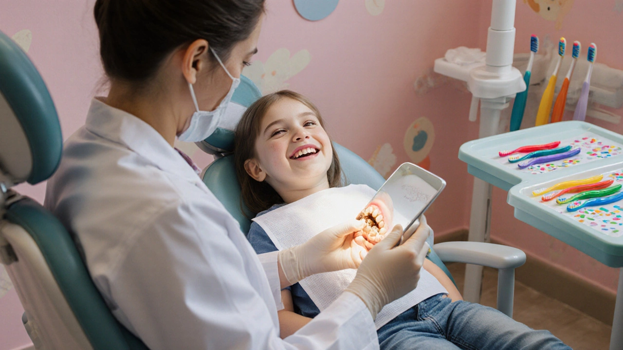 Dentista kontroluje a čistí dětské zuby v moderní ordinaci, dítě se usmívá.