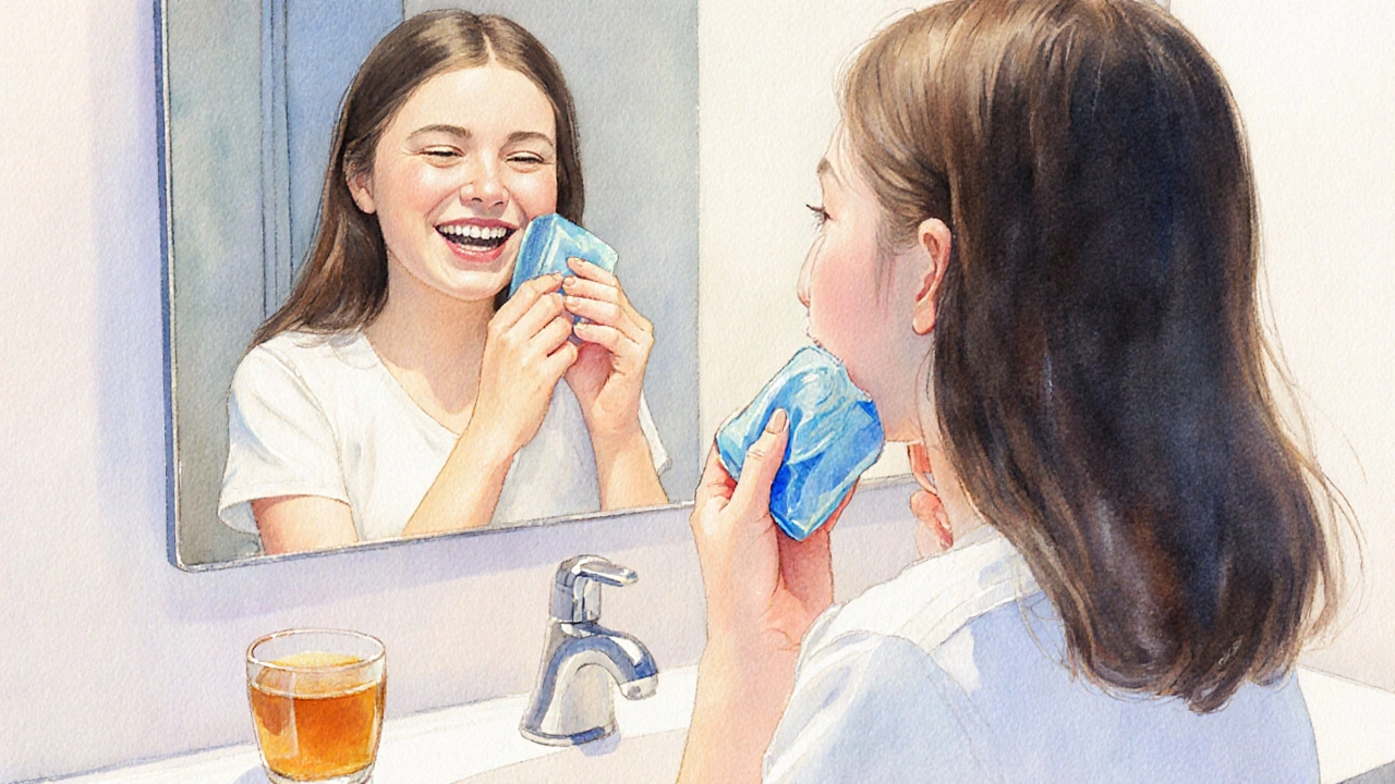 Dívka s chladivým gelovým balíčkem na tváři po nasazení rovnátek.