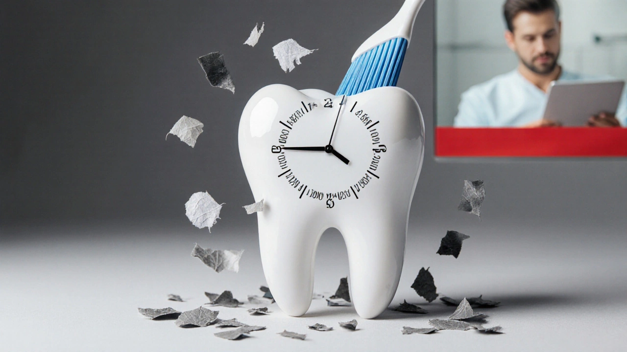 Hodiny vložené do zubu, ukazující časový průběh poškozování sklovinky bělící pastou, s pozadím profesionálního bělení.