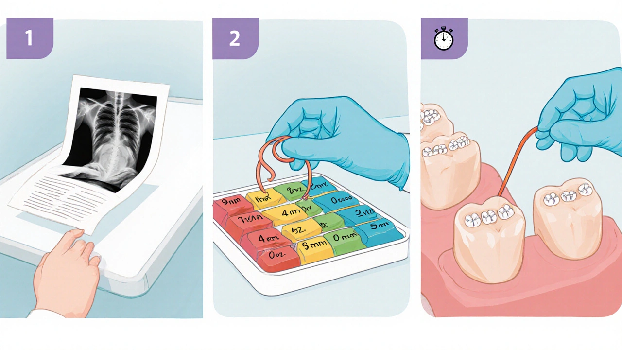 Ilustrace procesu nasazení gumiček: rentgen, výběr pásky a její upevnění mezi dráty.