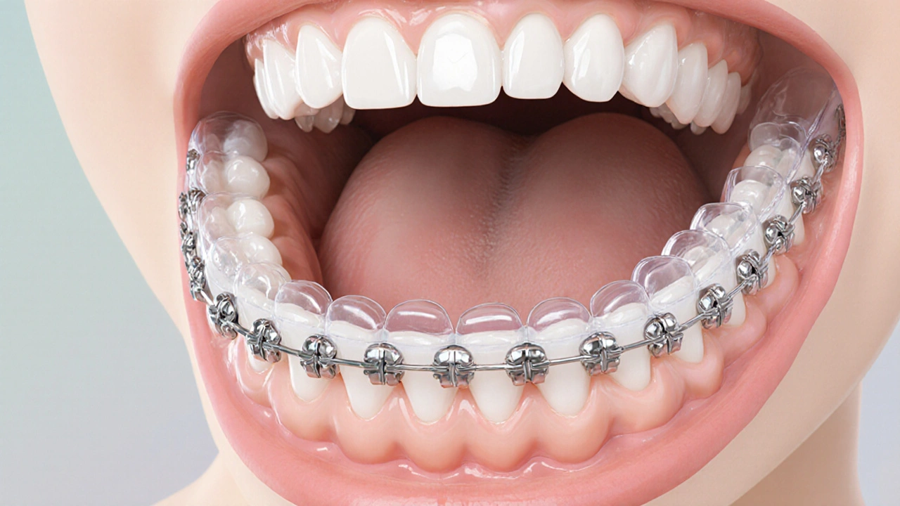 Makro záběr čtyř typů rovnátek: kovová, keramická, lingvální a Invisalign.