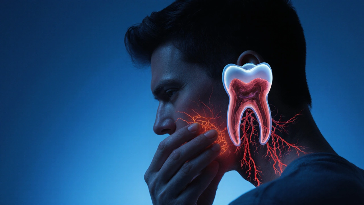 Oteklá tvář s přehledem skryté infekce šířící se do čelisti a krve.