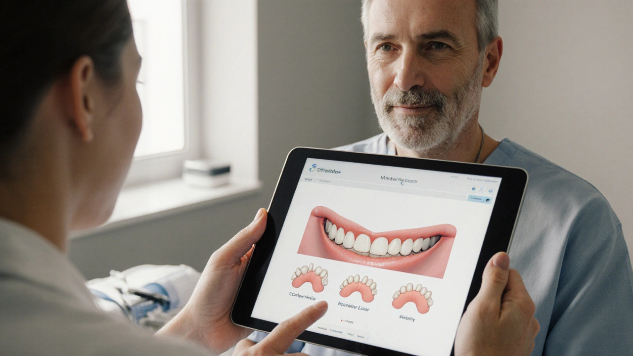 Pacient a zubař diskutují 3D model úsměvu s různými tvary fazet na tabletu.