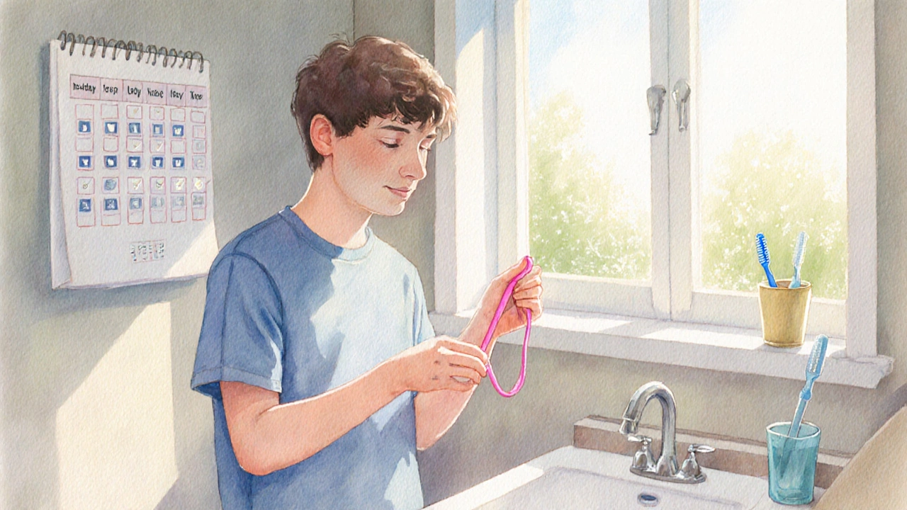 Pacient doma mění gumičky, čistí zuby a kontroluje kalendář pravidelných návštěv.