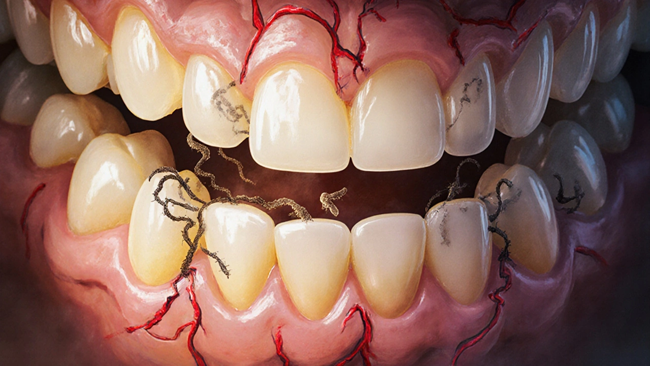 Podobně zobrazená infekce pod zubní korunkou s bakteriemi šířícími se do tkání.