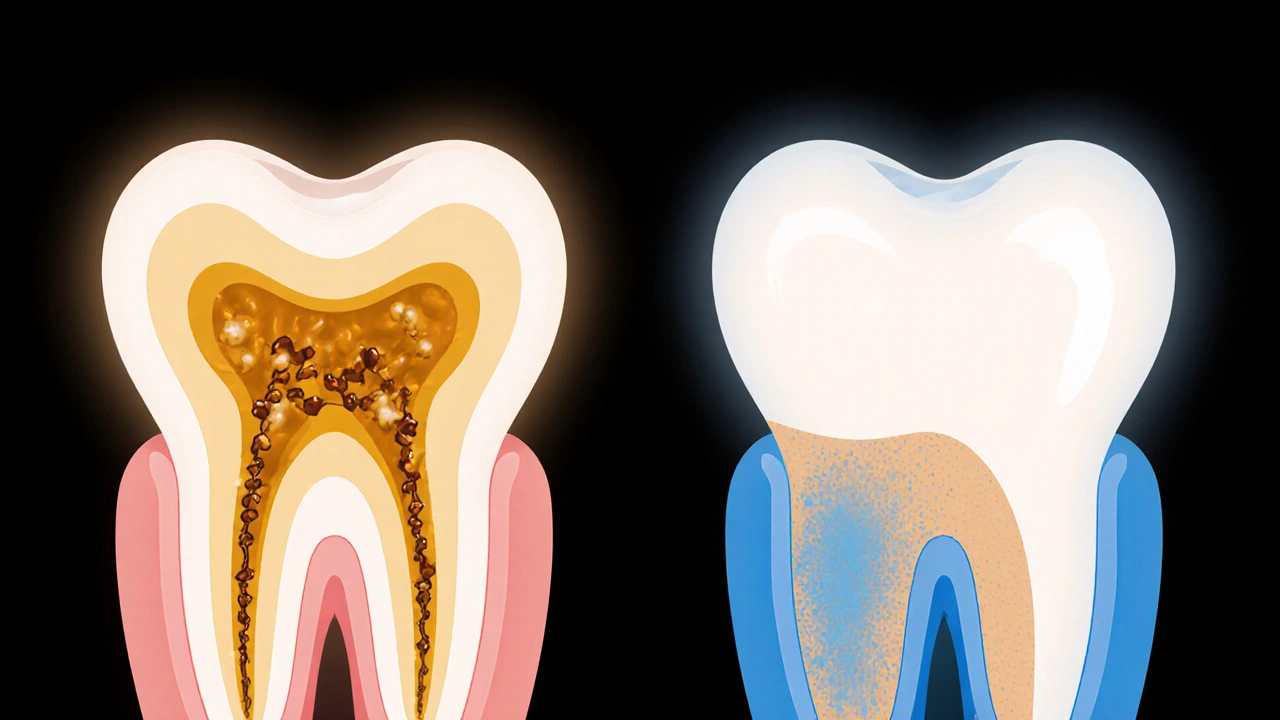 Příčný řez zubu s pronikáním peroxidu do sklovinky a odstraněním vnitřního zbarvení.
