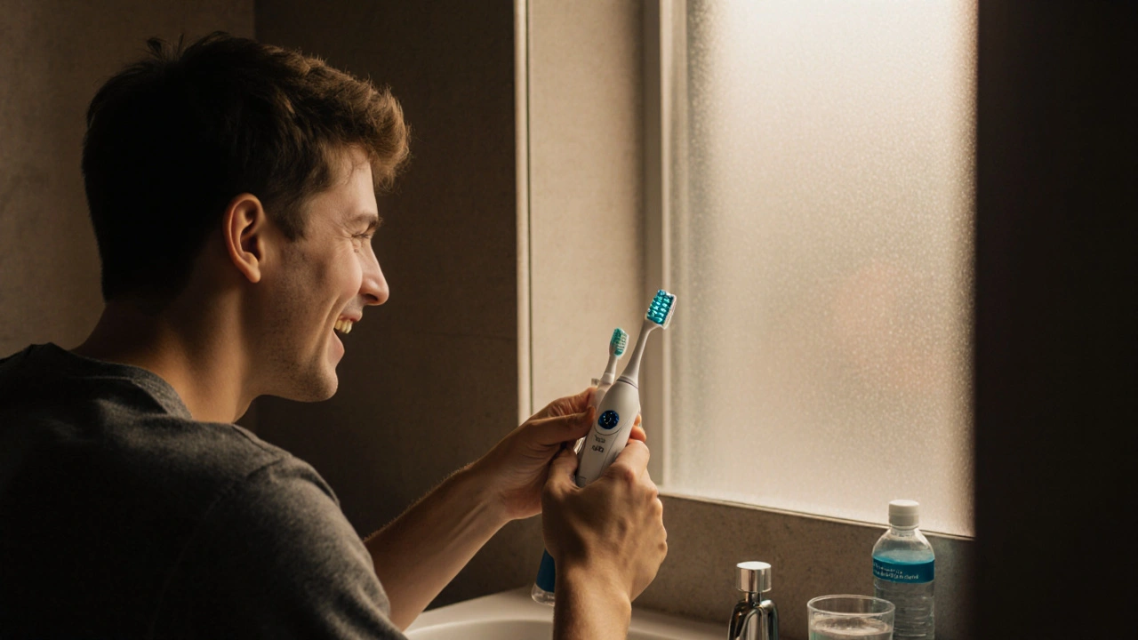 Teenager čistí zuby fluoridovou pastou, používá mezizubní kartáček v jasné koupelně.