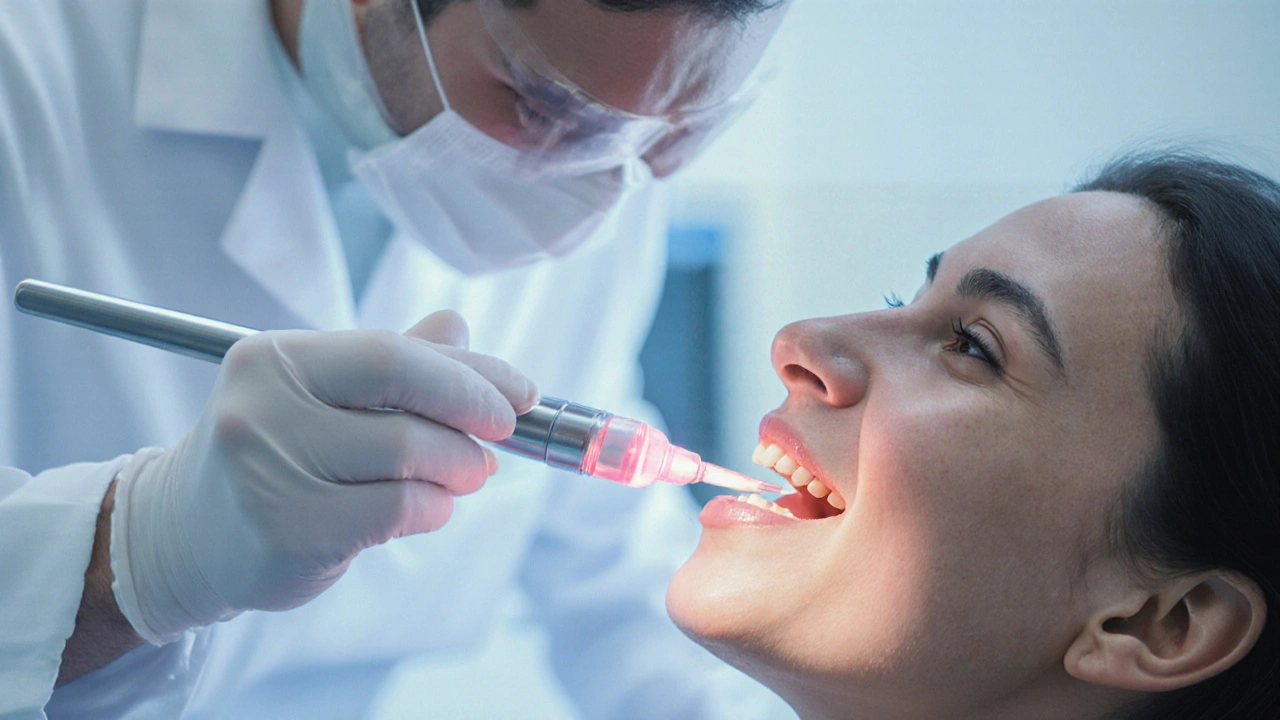 Zubař aplikuje desenzibilizační gel a používá laser na citlivý zub.