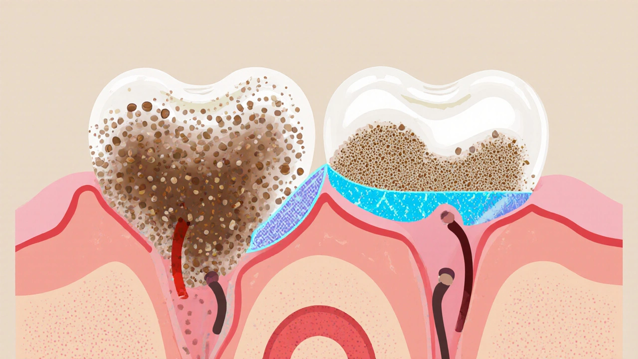 Zvětšený řez zubem: povrchové skvrny odstraňované hydroxyapatitem, zatímco agresivní látky poškozují zubní sklovinku.