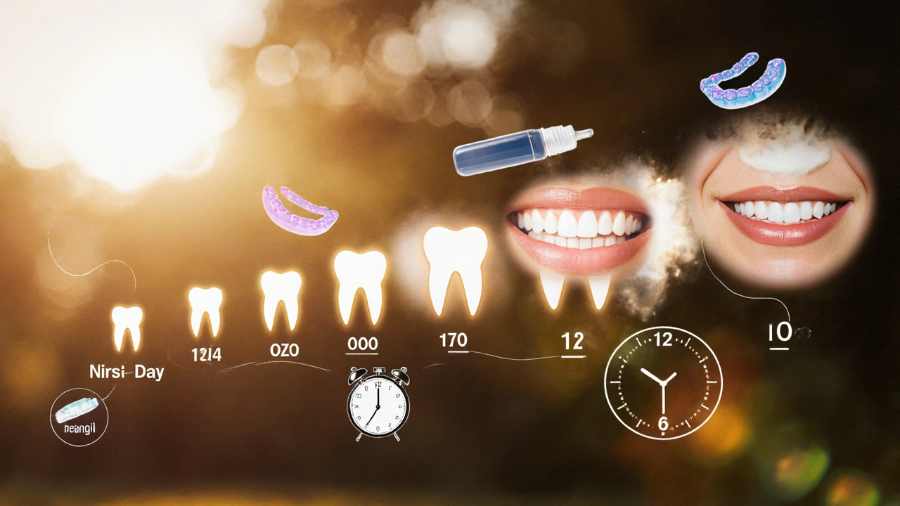 14-denní cesta k bělejším zubům s postupně světlejšími zuby a symboly bělení.