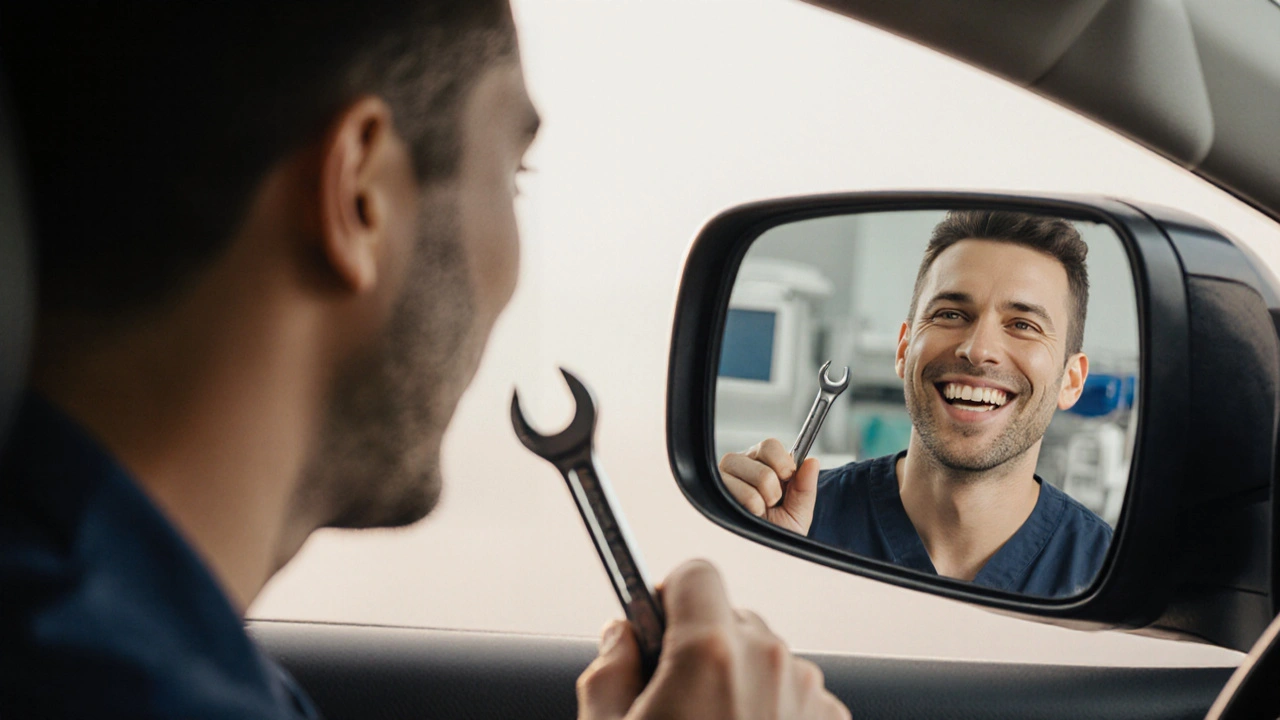 Auto s jedním křivým kolem vedle člověka s klíčem, odraz úsměvu v zrcátku — metafora ortodontické léčby.