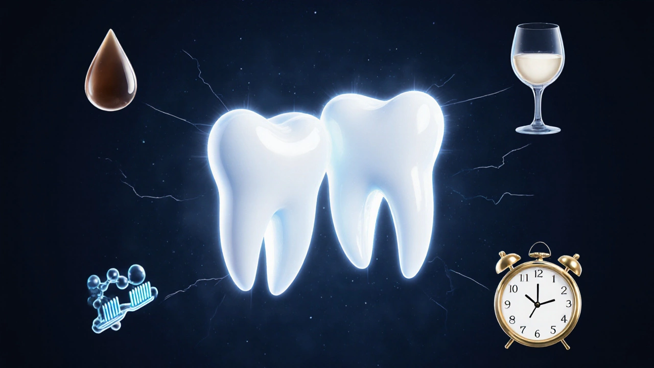 Bílé zuby září v temném prostředí, kolem nich plavou symboly kávy, vína a zubního kartáčku.