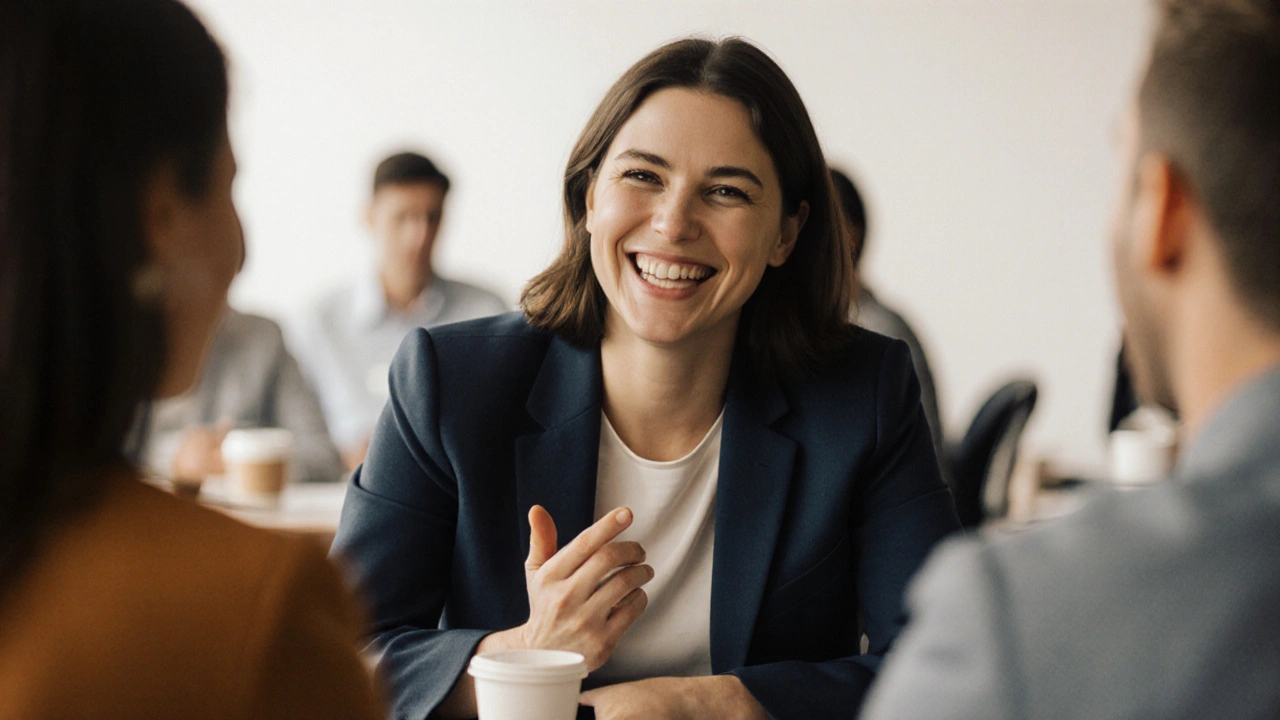 Člověk se směje během schůzky s kolegy, jeho bílé zuby jsou viditelné v přirozeném úsměvu.