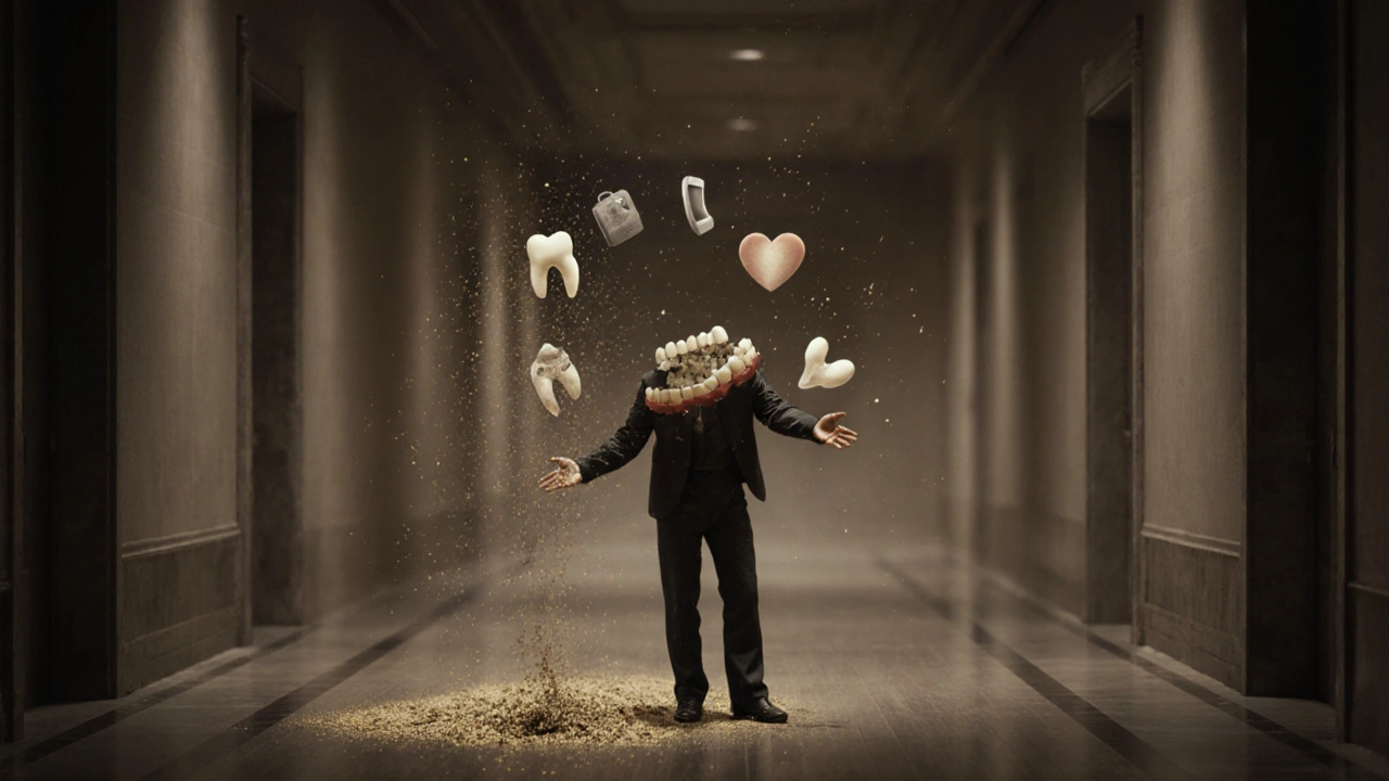 Člověk stojí v prázdném chodbě, zatímco mu zuby praskají na kousky.