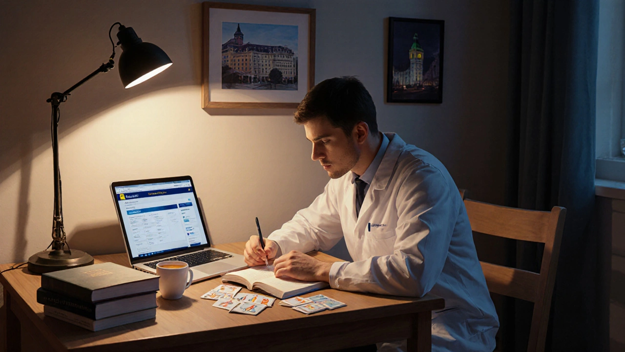 Czech dentist studying German language and medical documents at home at night.