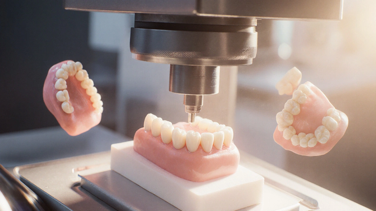 Dental technician milling a custom composite onlay in a laboratory.