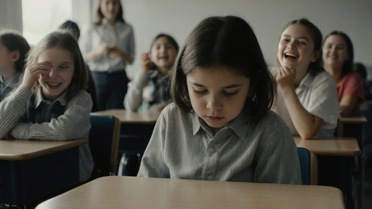 Dítě sedí ticho ve třídě, vyhýbá se pohledu spolužáků, kteří se smějí.