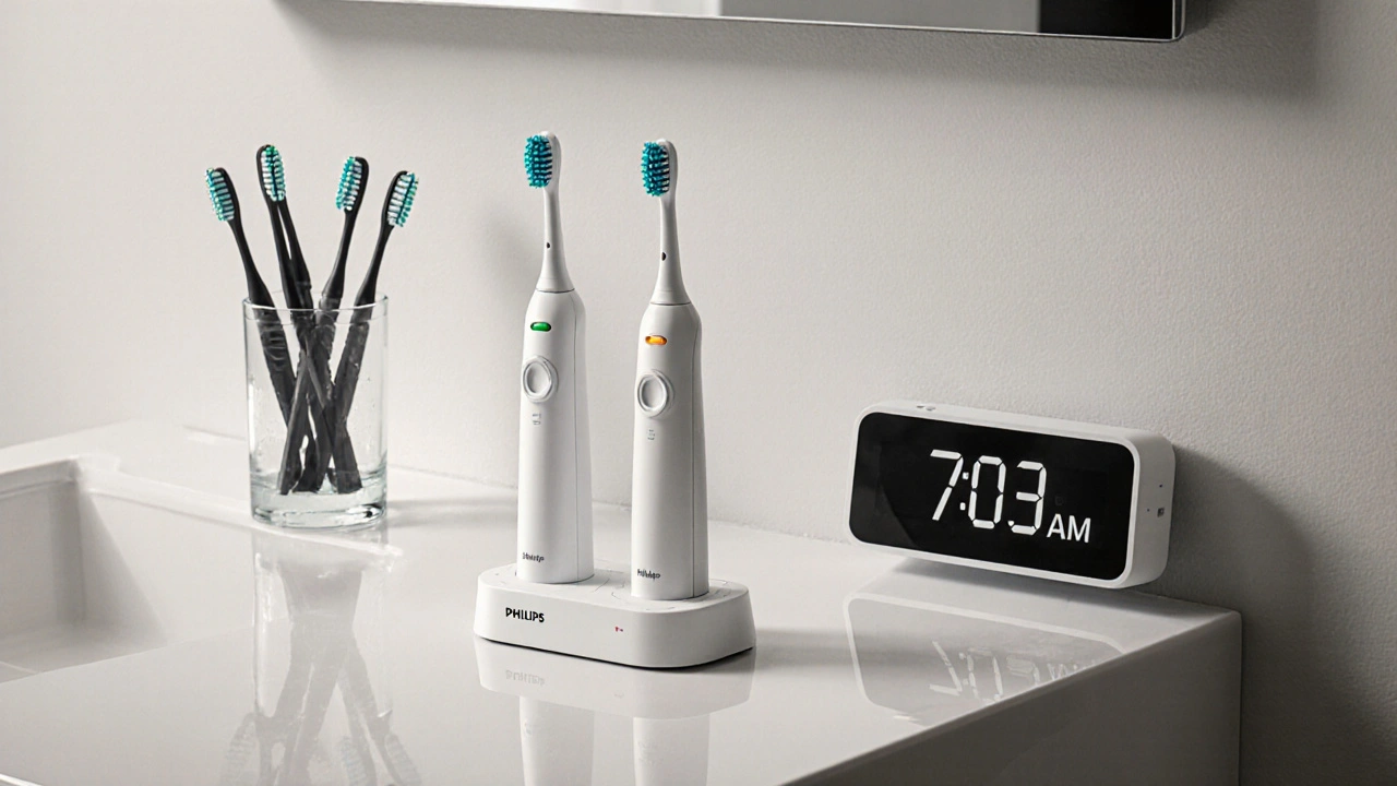 Dva Sonicare kartáčky na nabíječkách s různými indikátory baterie.