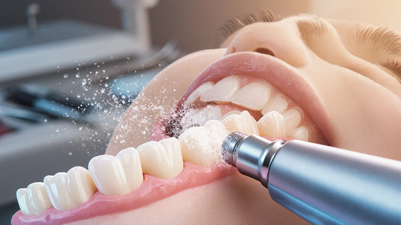 Hygienistka provádí ultrazvukové čištění zubů s vodním proužkem.