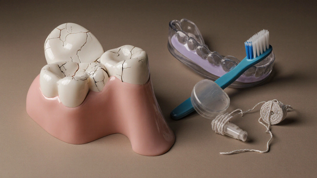 Keramická onlay jako štít nad zubem, po jedné straně poškozená škrábáním, po druhé chráněná kartáčkem a noční štěticí.