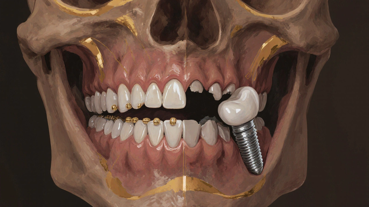 Konceptuální ilustrace zubní čelisti s porovnáním přirozeného vyrovnání zubů a implantátu, symbolizující volbu zachování zubu.