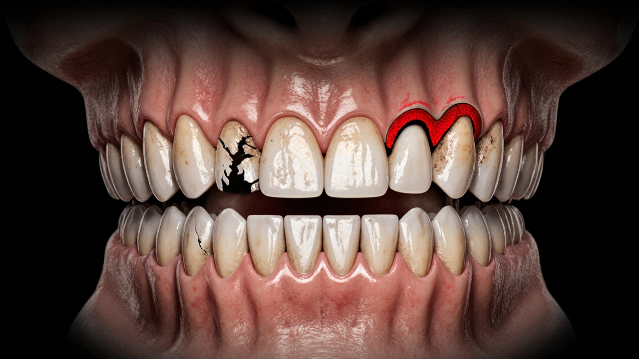 Křížový řez čelisti s přehnaným predkusem a poškozenými zuby.