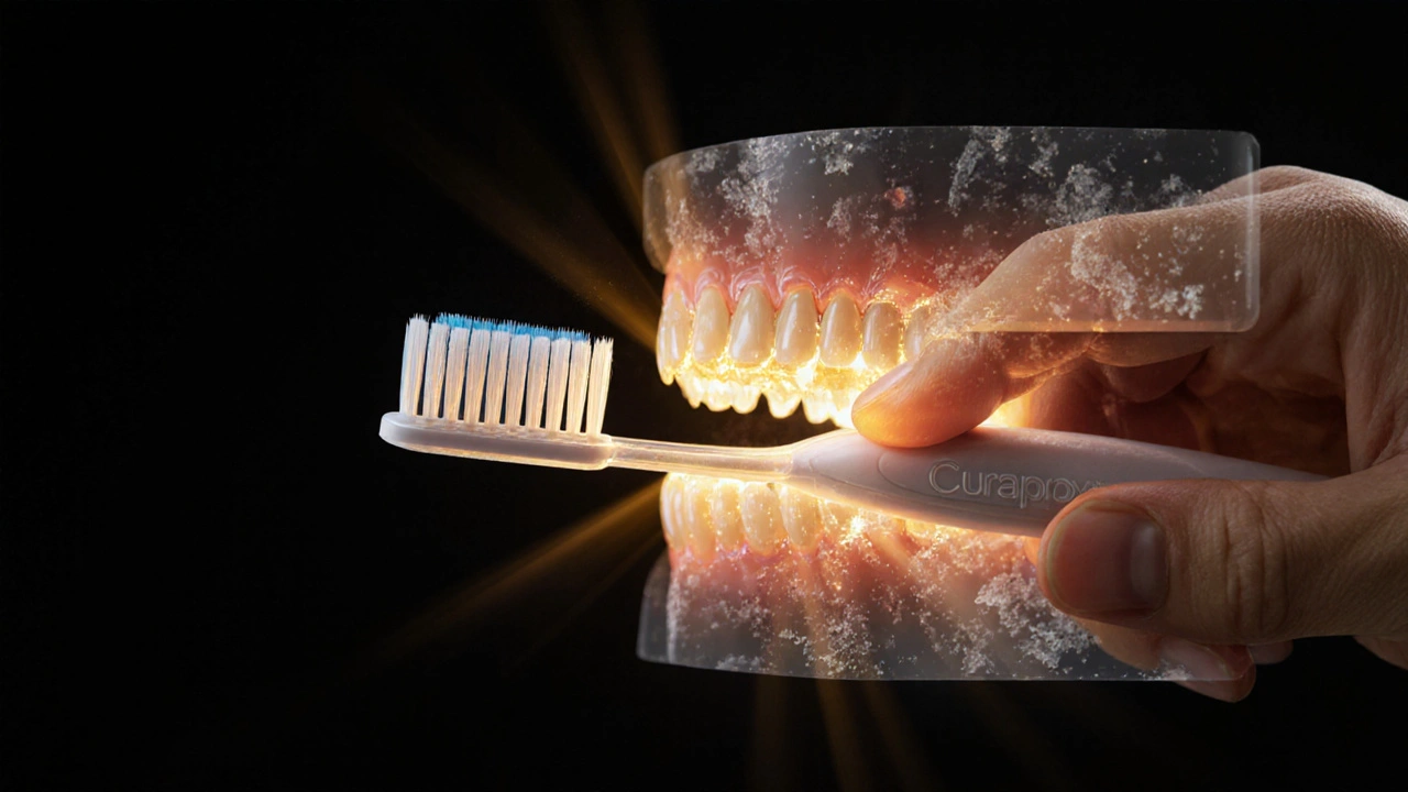 Microskopický pohled na odstranění bakterií pomocí Curaprox kartáčku.