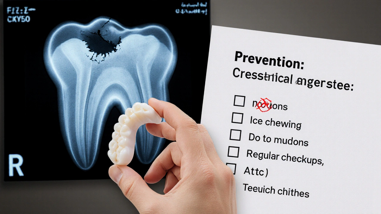 Ochranná noční destička vedle rentgenového snímku praskliny v zubu.