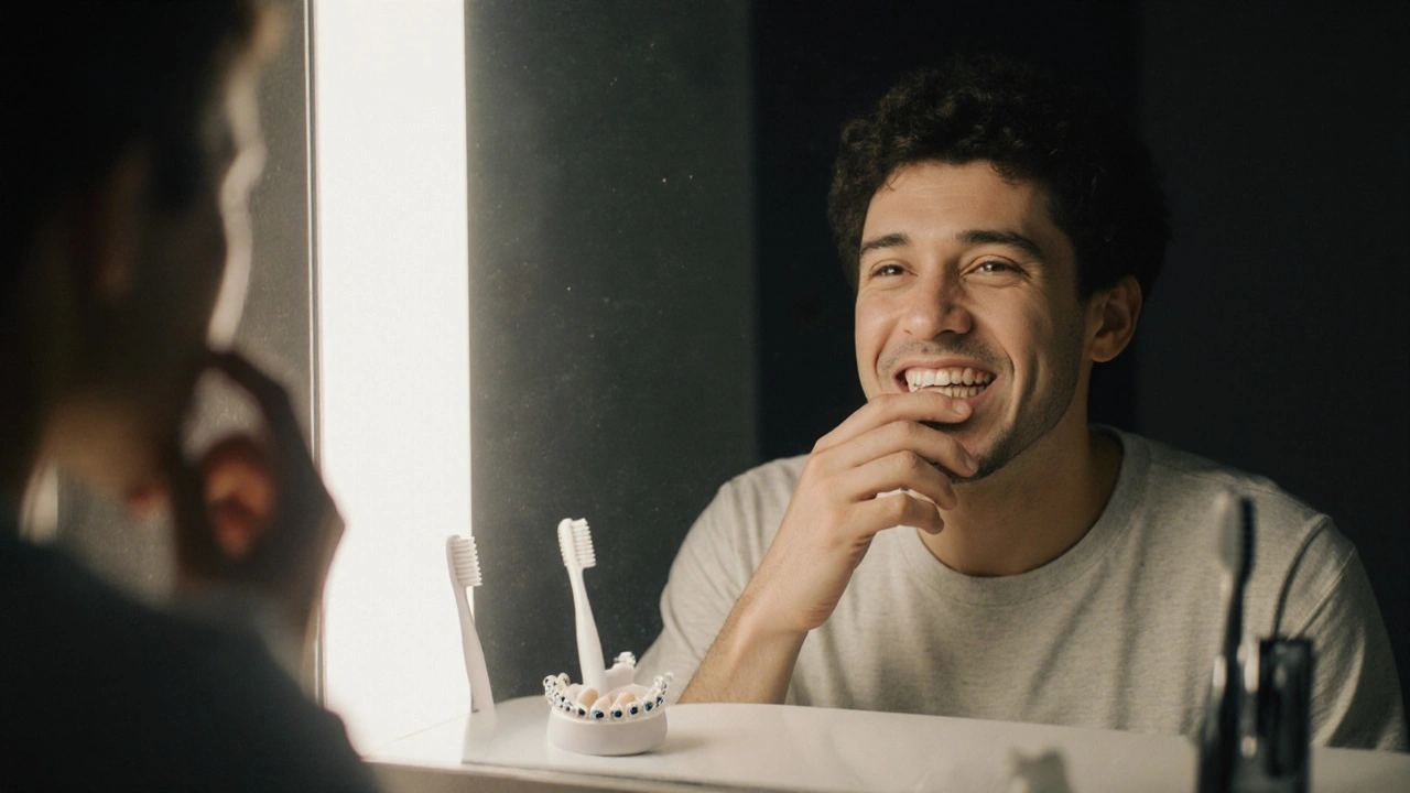 Osoba se dívá do zrcadla a vidí poškozené zuby po ortodontické léčbě.