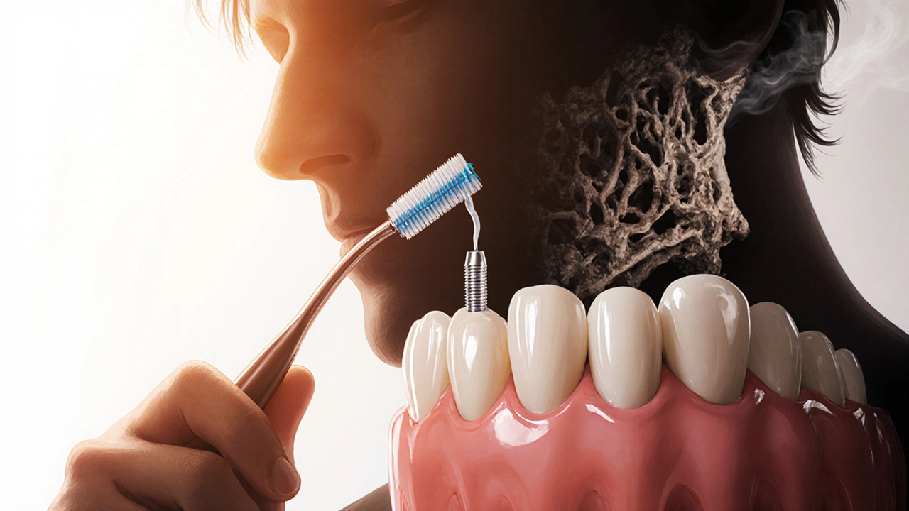 Pacient pečlivě čistí mezizubní prostory kolem implantátu, zatímco kouření a zanedbání hrozí.