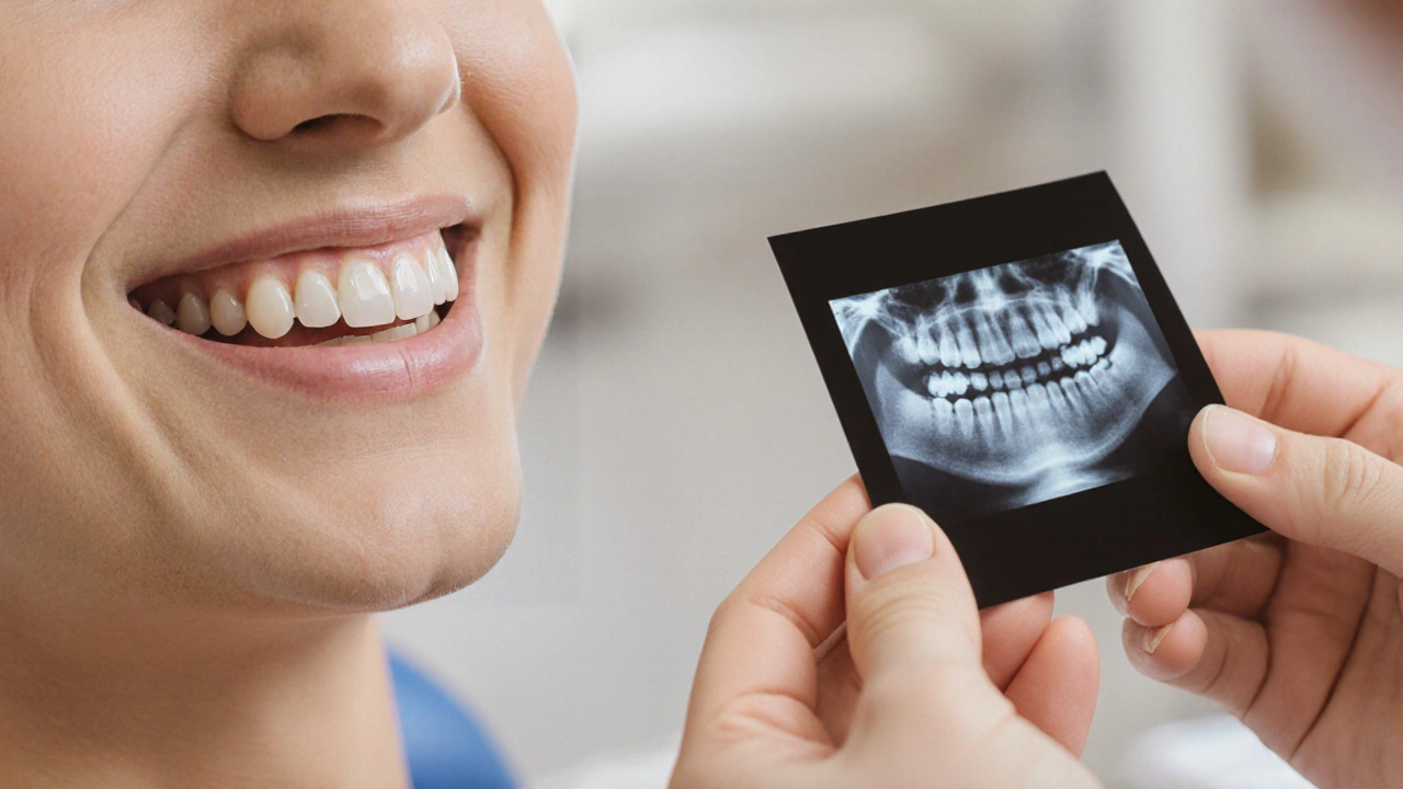 Pacient se usmívá, zubní lékař drží rentgenový snímek s onlay pod ní.