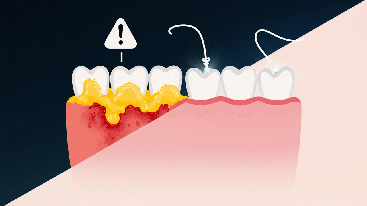 Porovnání špatné a správné péče o zuby: plak vs. čisté zuby.