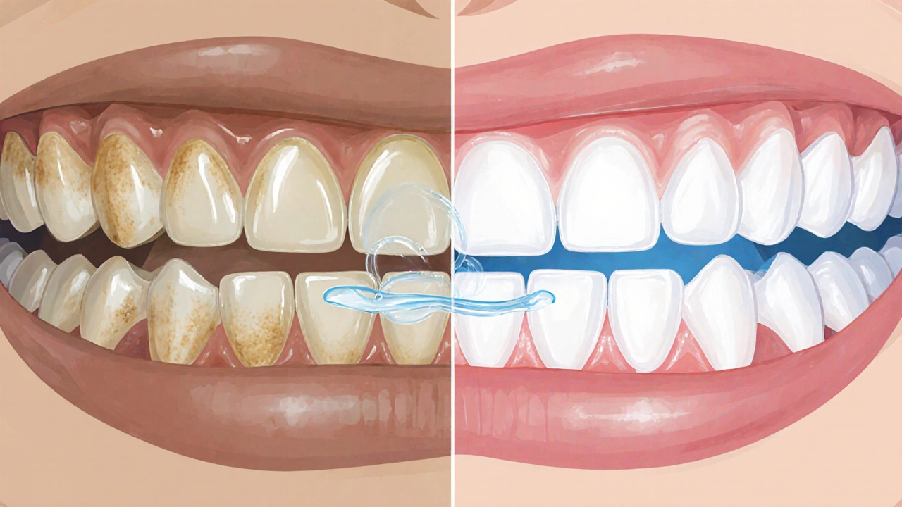 Porovnání tmavých a bělících se zubů s ilustrací pronikání gelu do skloviny.