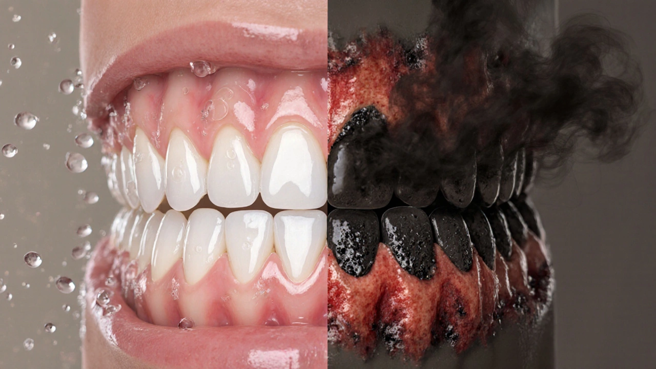 Porovnání zdravých a nemocných zubů s kamenem a zánětem dásní.