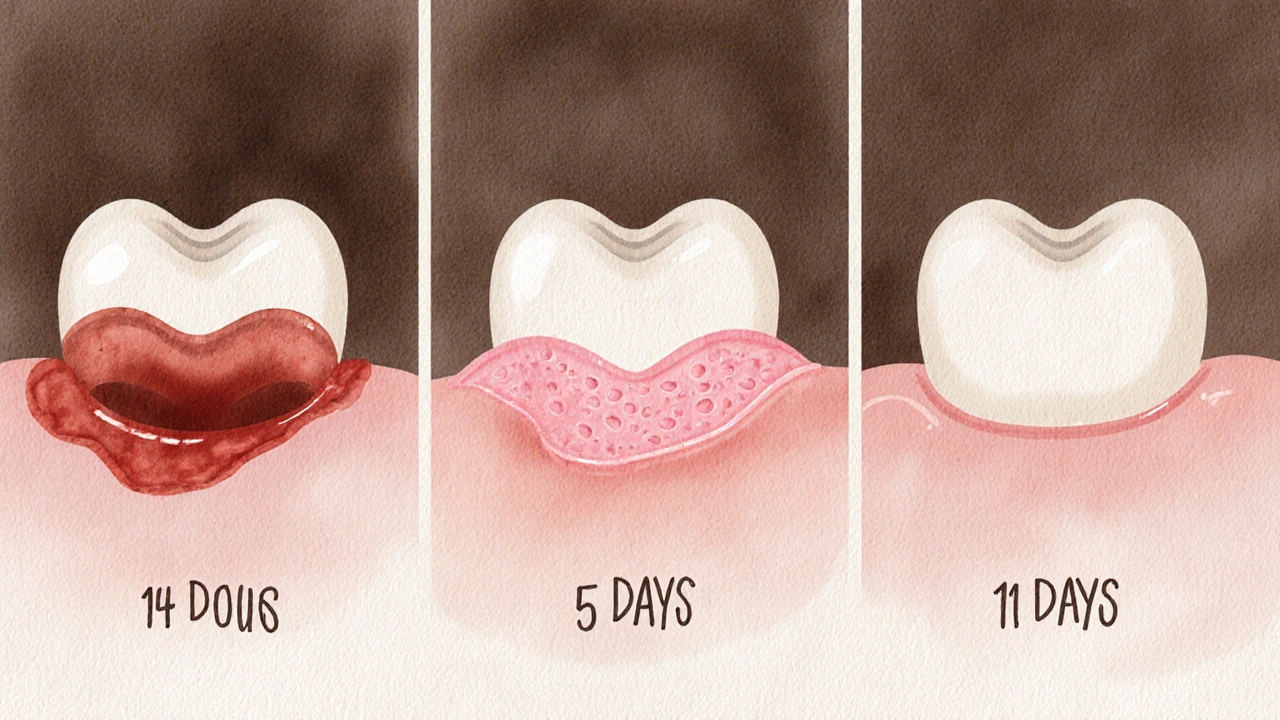 Postupné hojení dásně po extrakci zubu ve třech fázích: sraženina, nová tkáň, zahojení.