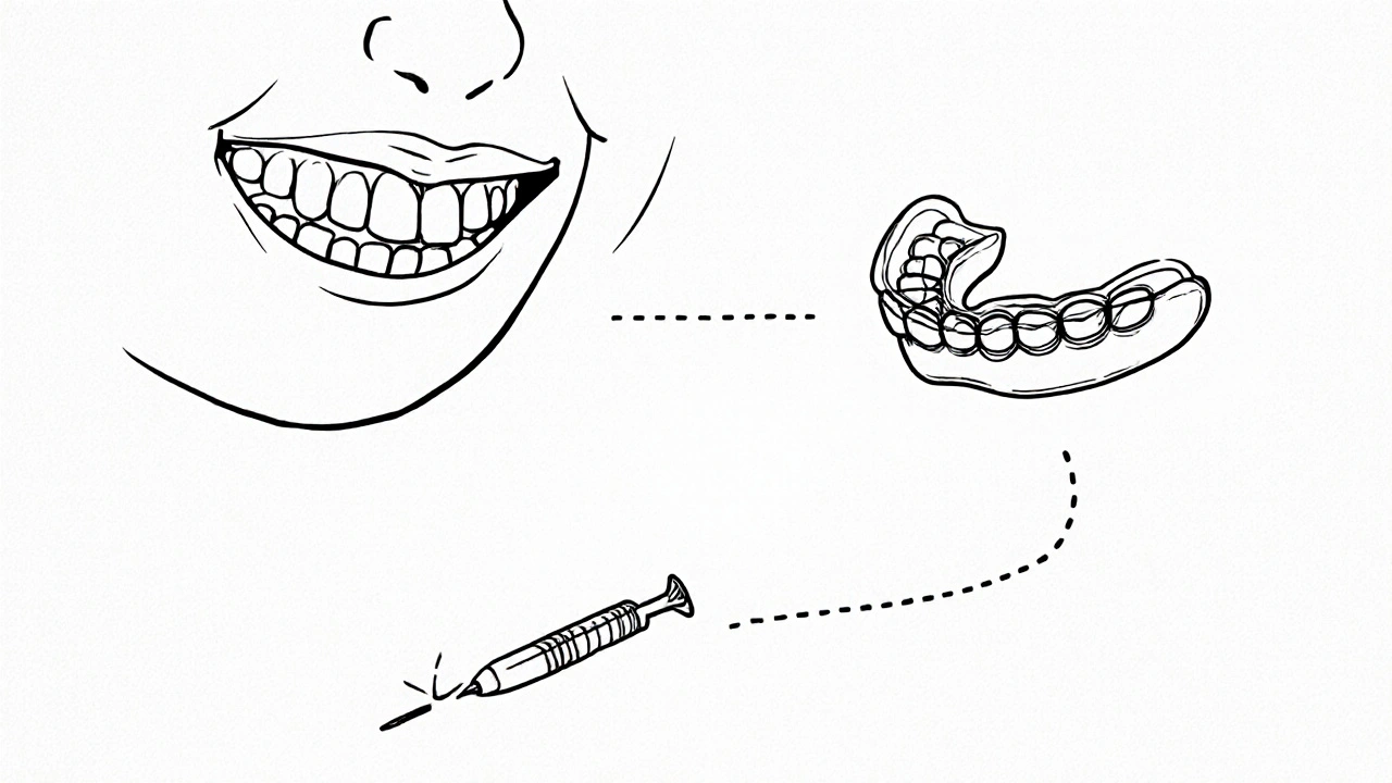 Přechod křivých zubů na rovné pomocí průhledných fiksů, zatímco akupunkturistická jehla leží zahozená.