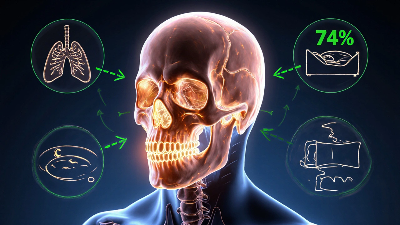 Přehledná ilustrace lebky s přesunutými čelistmi a ikonami zlepšeného dýchání, jídelních návyků a spánku.
