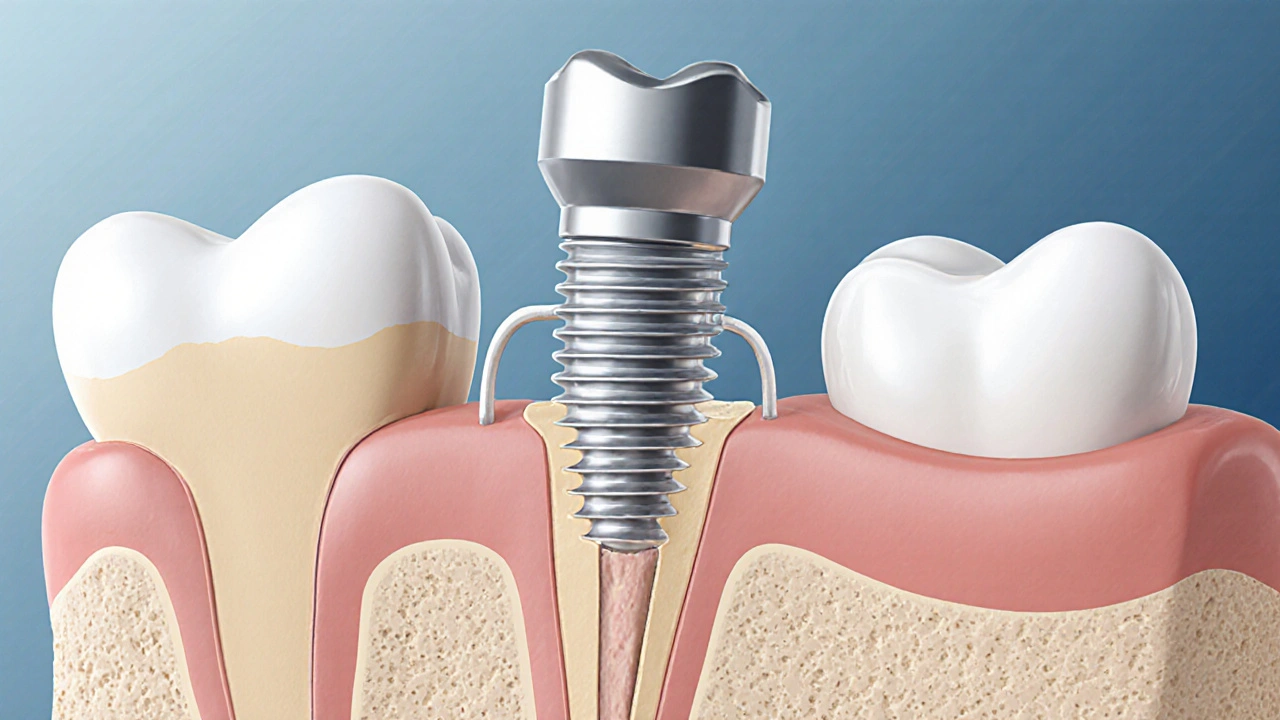 Příčný řez čelistí s implantátem spojeným s kostí, proti ztrátě zubu a dásní.