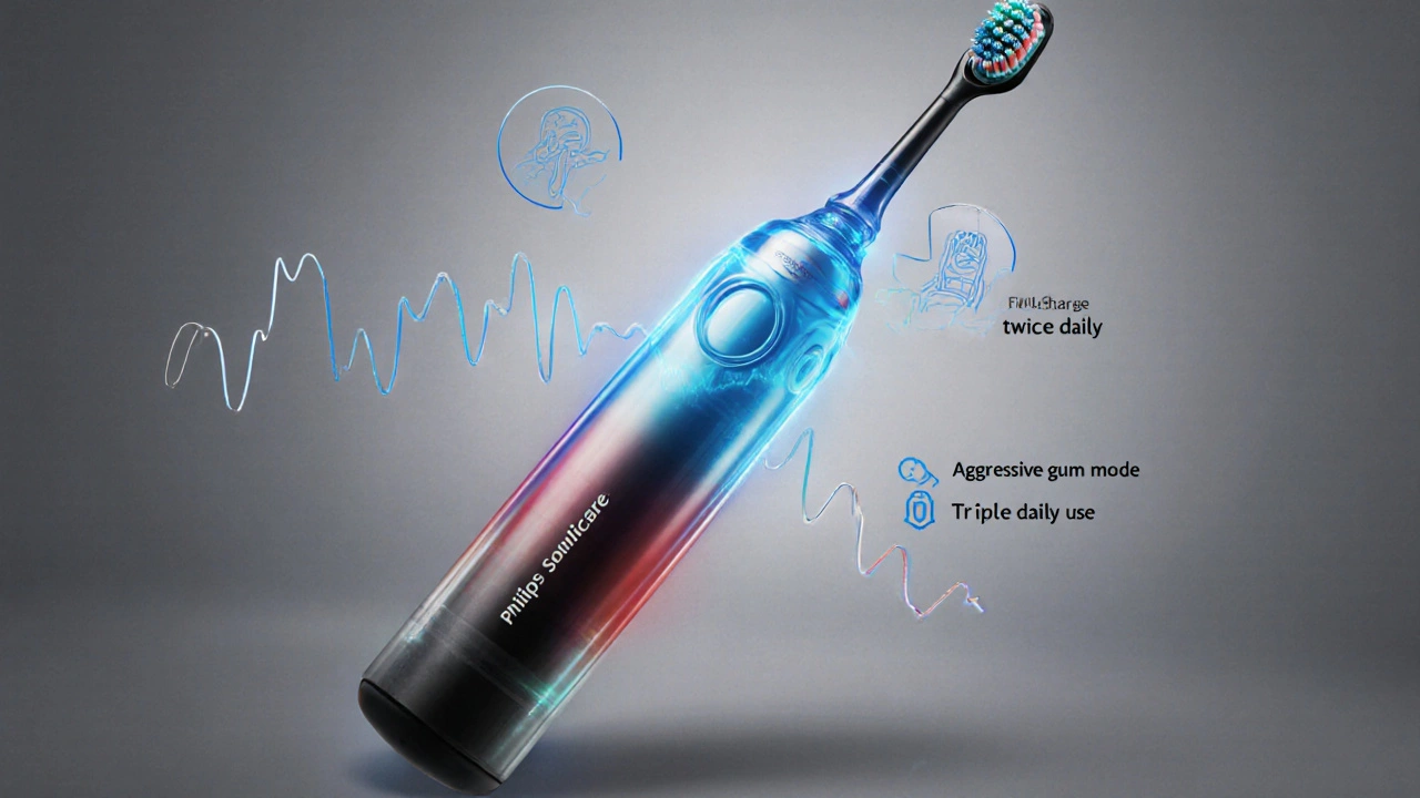 Průhledný výřez baterie Sonicare s ukázkou vybíjení energie.