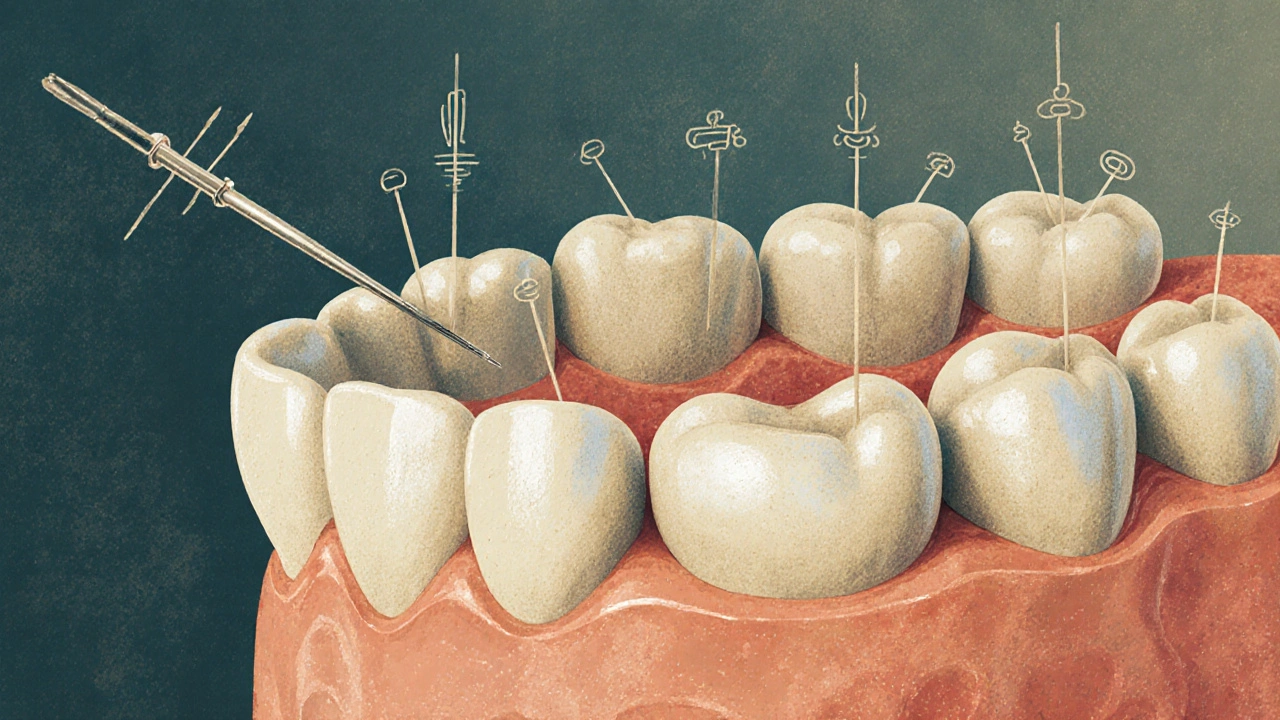 Průřez čelisti s kostními buňkami přestavujícími zub, zatímco jehla akupunktury neovlivňuje proces.
