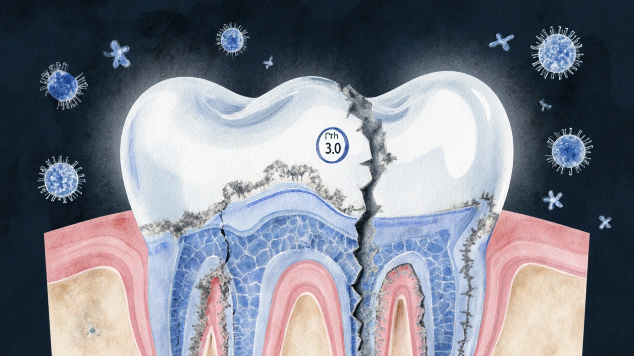 Řez zubem ukazující erodovanou sklovinu od kyselých nápojů.