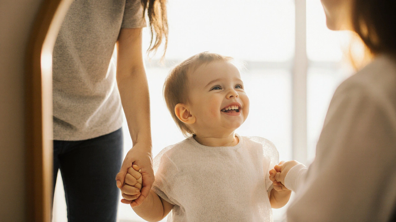 Rodič a dítě vstupují do zubní kliniky, dítě začíná věřit, že vše bude v pořádku.