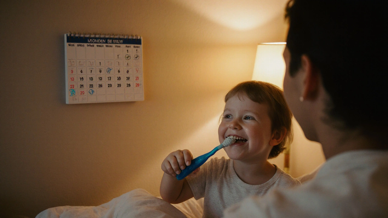 Rodič čistí zuby dítěti večer, na zdi je kalendář s označenými dny.