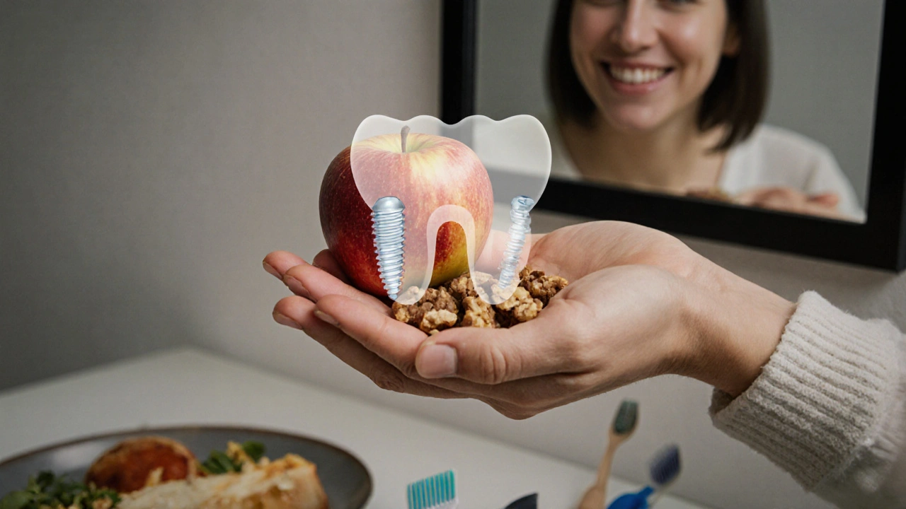 Ruce drží jablko a ořechy, symbolizující obnovenou schopnost jíst bez obav.