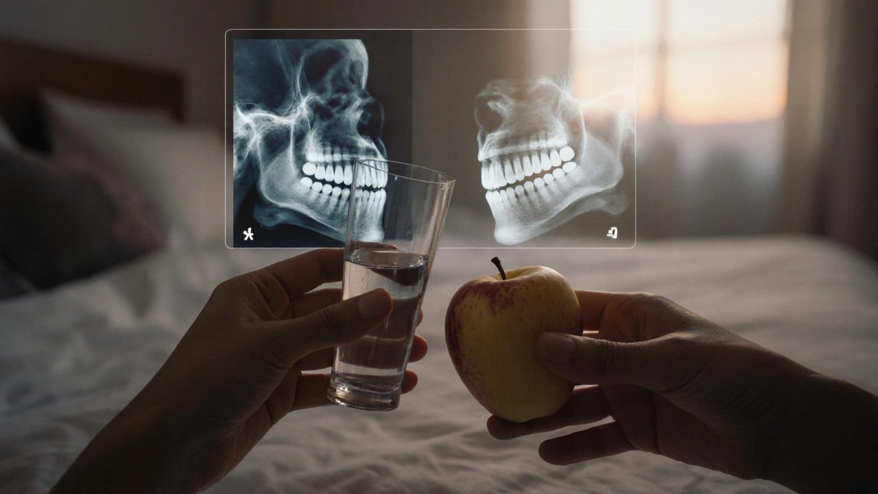 Ruce drží sklo vody a jablko, s průhledným rentgenem před a po operaci čelisti, symbolizující obnovu funkce.