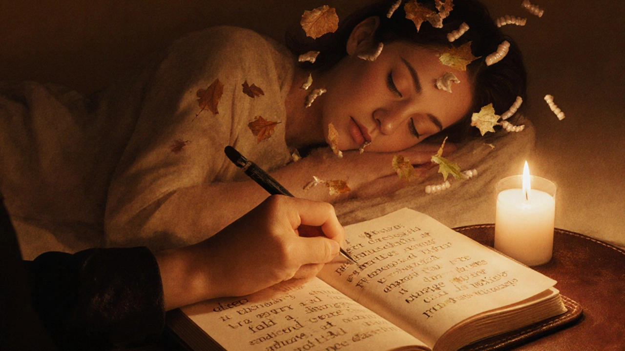 Ruka píše do deníku, zatímco zuby se mění v listy, které se rozplynou ve světle.