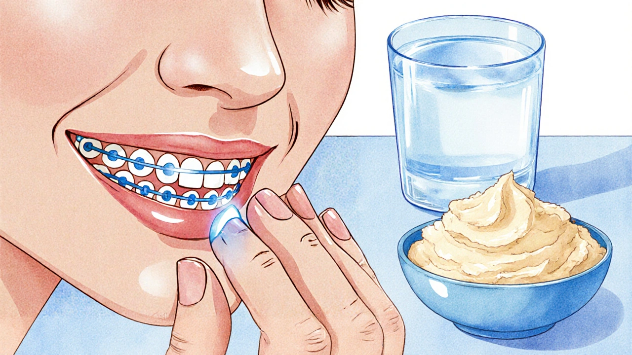 Ruka přikládá ortodontický vosk na podrážděnou dásň.