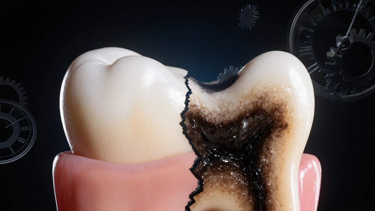 Split image showing a strong tooth with onlay versus a damaged tooth with failing filling.
