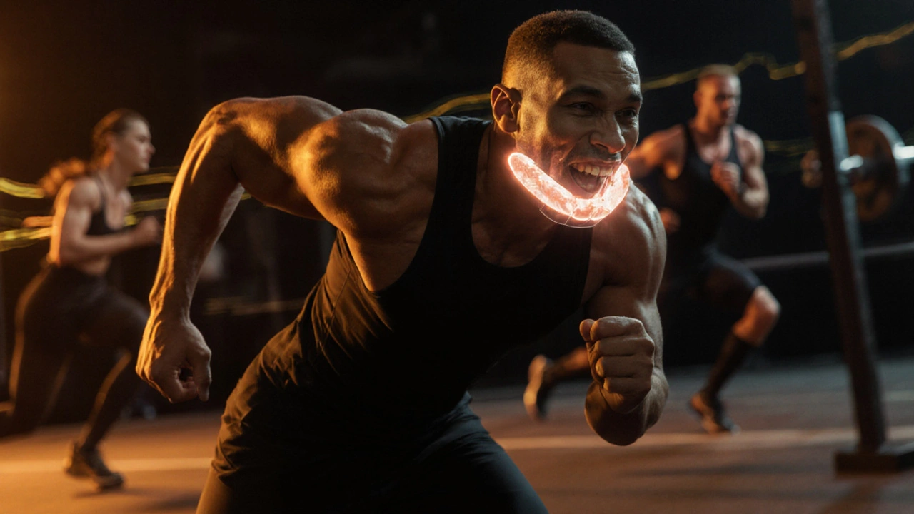 Sportovec v ochranné čelistní štítě během soutěže.